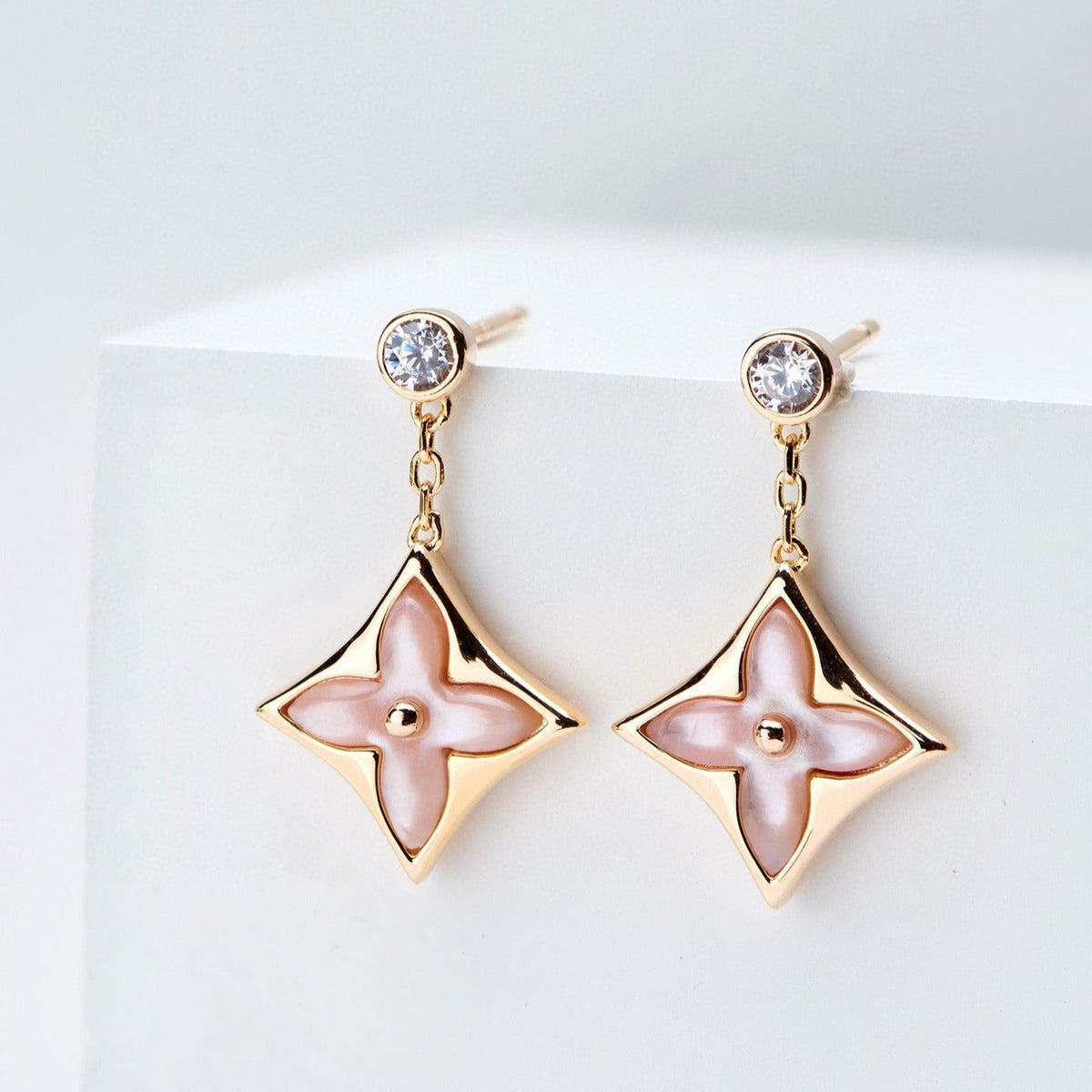 [AW]DOUBLE STAR ROSE GOLD MOP DROP EARRINGS