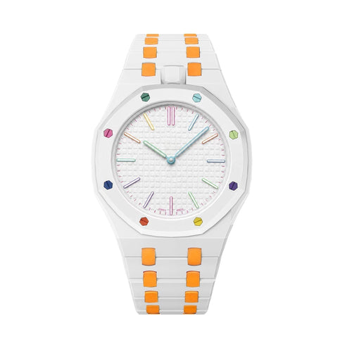 [AW]OAK POP EXCLUSIVE WHITE AND ORANGE BIOCERAMIC STRAP