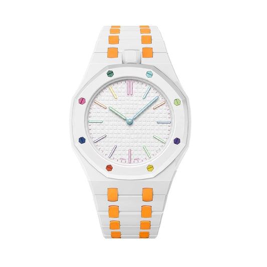 [AW]OAK POP EXCLUSIVE WHITE AND ORANGE BIOCERAMIC STRAP