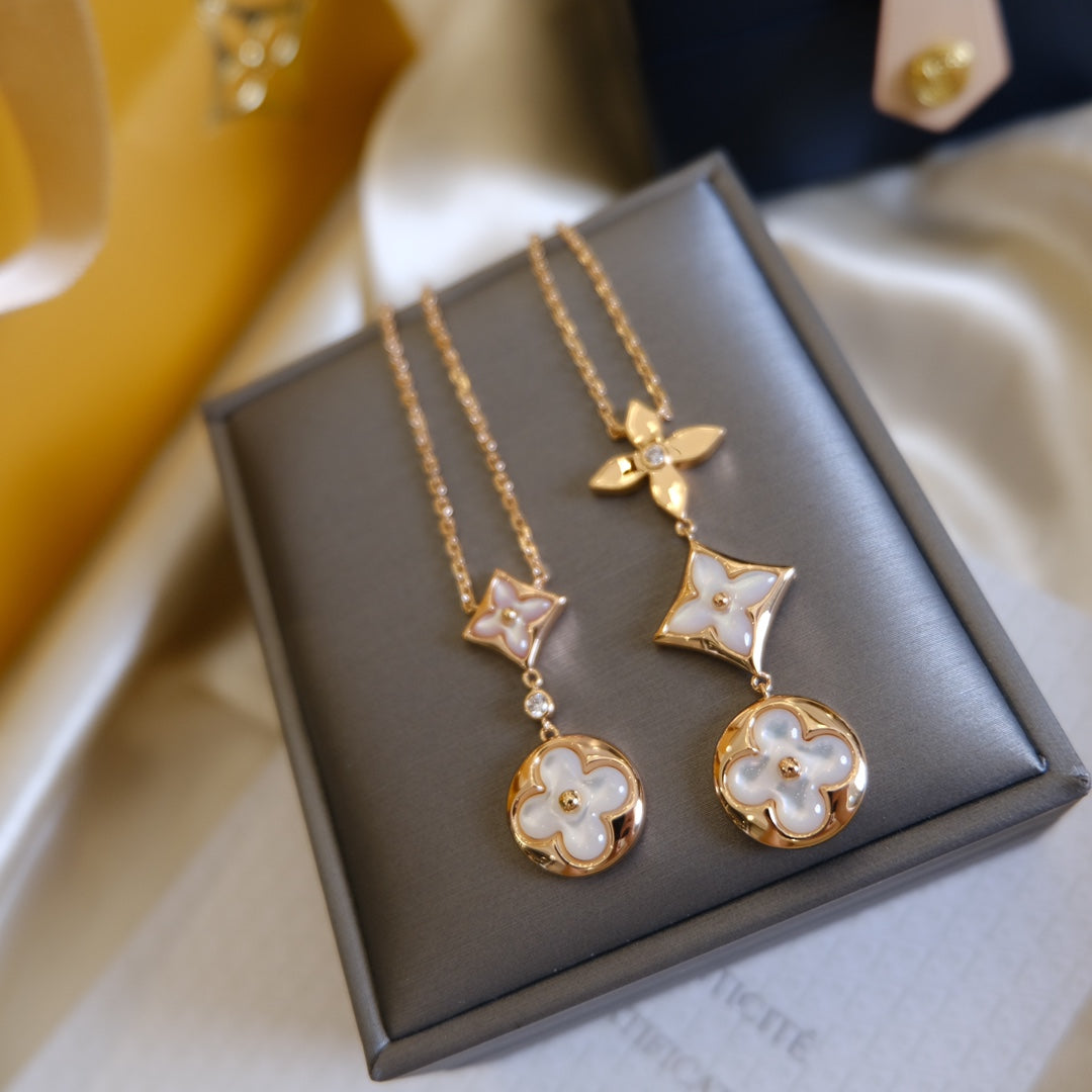 [AW]COLOR BLOSSOM LARIAT NECKLACE ROSE GOLD WHITE MOTHER PEARL AND DIAMOND