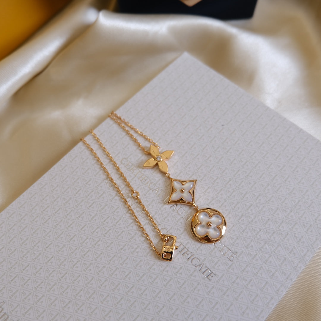 [AW]COLOR BLOSSOM LARIAT NECKLACE ROSE GOLD WHITE MOTHER PEARL AND DIAMOND