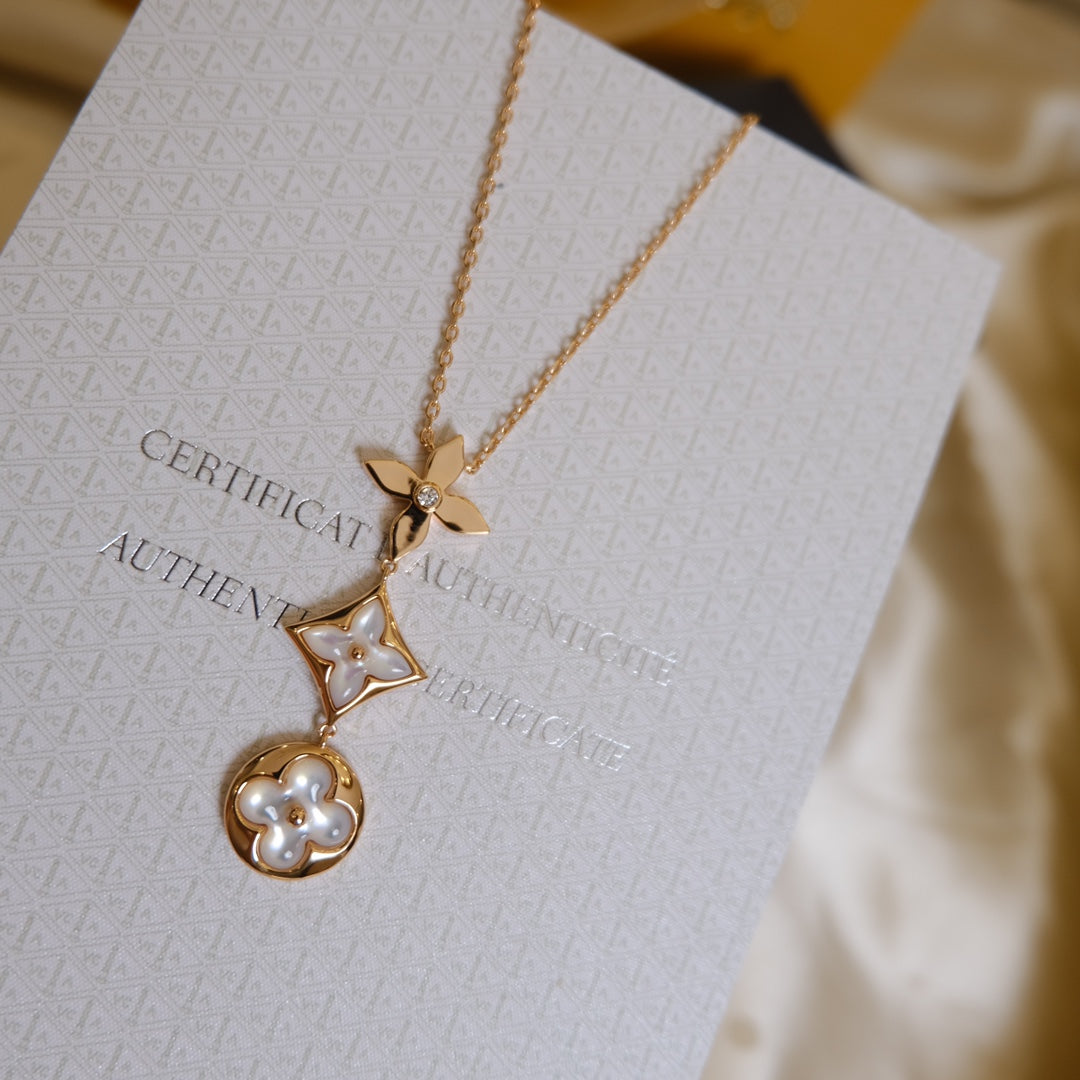 [AW]COLOR BLOSSOM LARIAT NECKLACE ROSE GOLD WHITE MOTHER PEARL AND DIAMOND