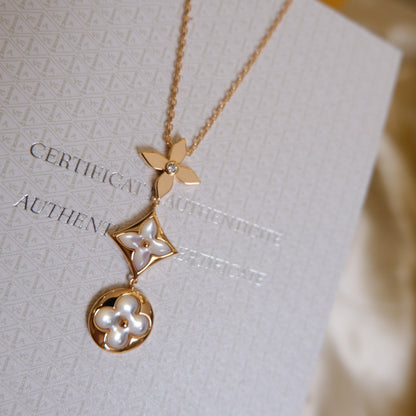 [AW]COLOR BLOSSOM LARIAT NECKLACE ROSE GOLD WHITE MOTHER PEARL AND DIAMOND