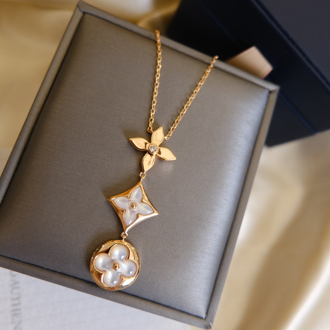 [AW]COLOR BLOSSOM LARIAT NECKLACE ROSE GOLD WHITE MOTHER PEARL AND DIAMOND