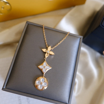 [AW]COLOR BLOSSOM LARIAT NECKLACE ROSE GOLD WHITE MOTHER PEARL AND DIAMOND