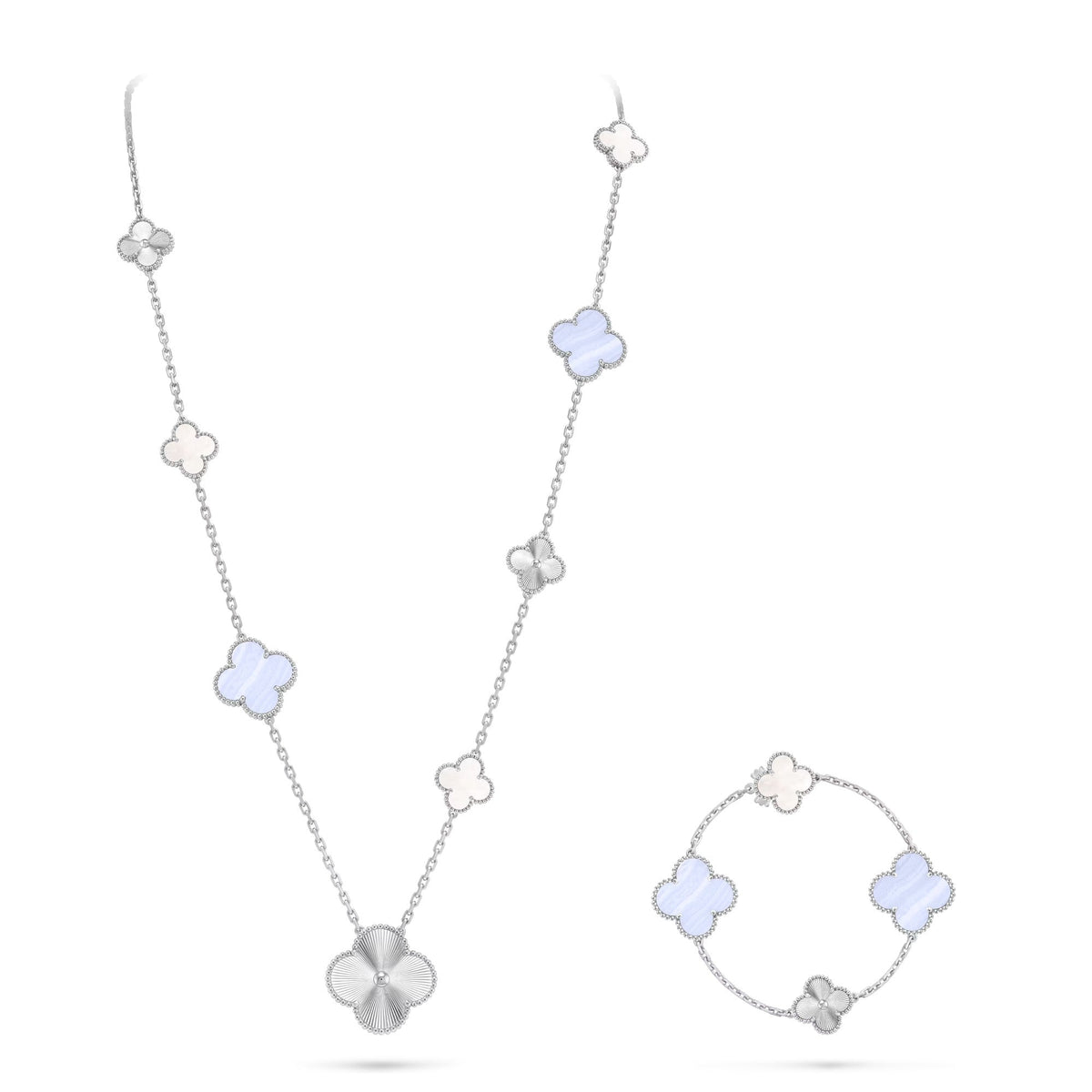 [AW]DETACHABLE 15-MOTIF CLOVER STATEMENT SET - PURPLE CHALCEDONY & LASER