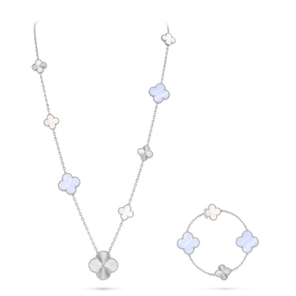 [AW]DETACHABLE 15-MOTIF CLOVER STATEMENT SET - PURPLE CHALCEDONY & LASER