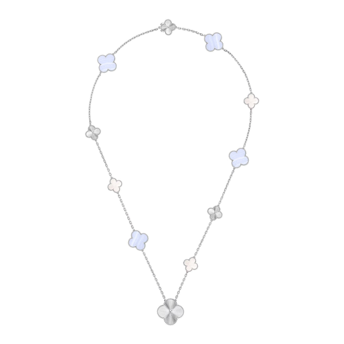[AW]DETACHABLE 15-MOTIF CLOVER STATEMENT SET - PURPLE CHALCEDONY & LASER