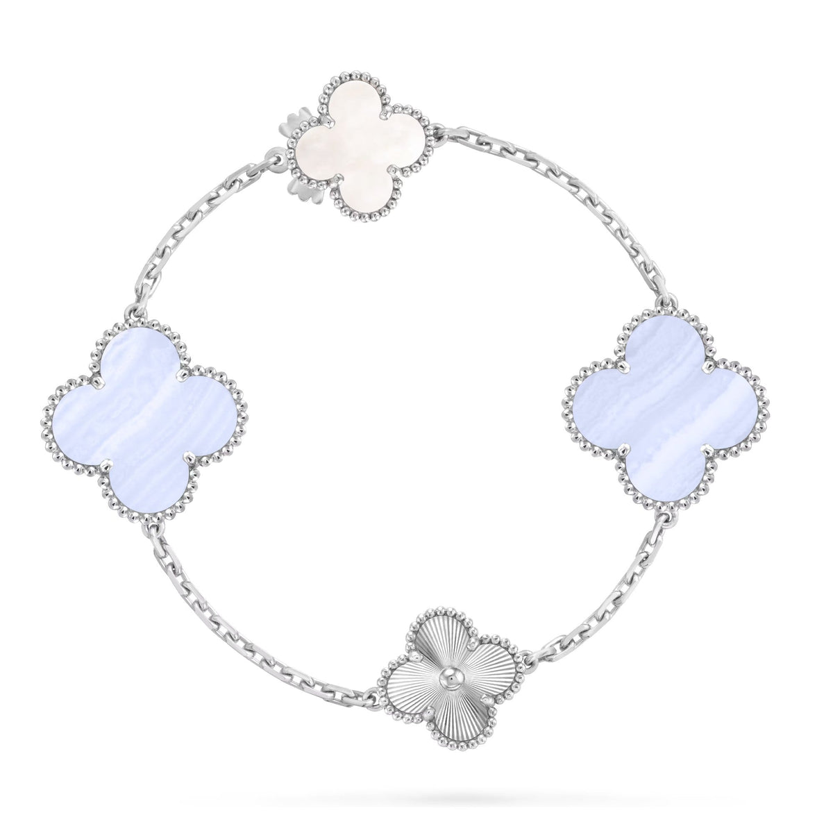 [AW]DETACHABLE 15-MOTIF CLOVER STATEMENT SET - PURPLE CHALCEDONY & LASER
